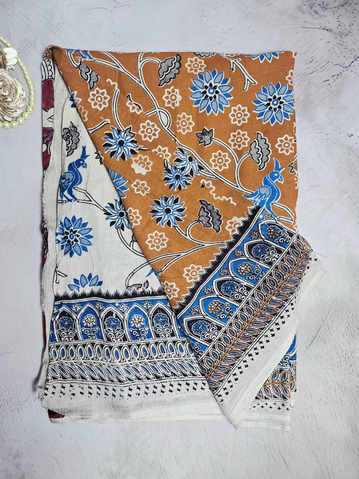 Rust Brown & Blue Floral Peacock Printed Cotton Saree