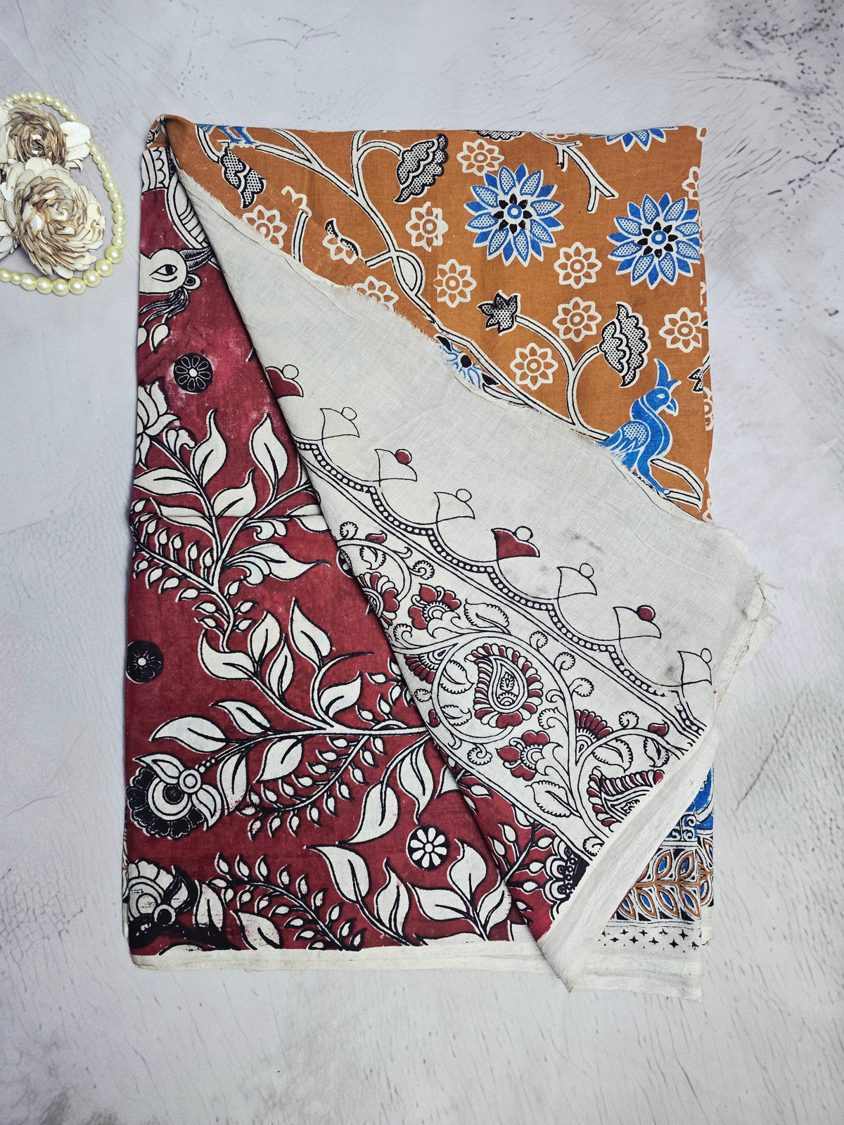 Rust Brown & Blue Floral Peacock Printed Cotton Saree