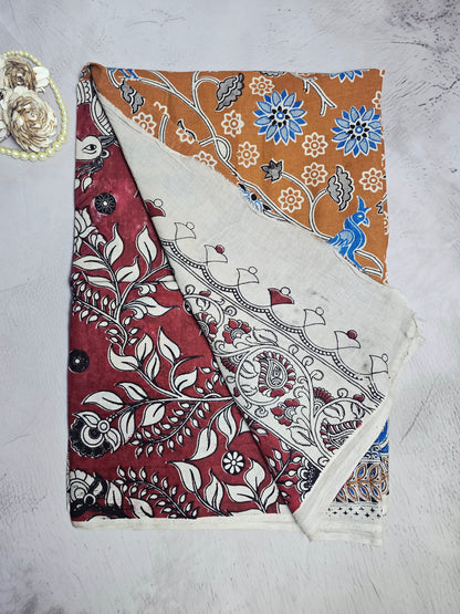 Rust Brown & Blue Floral Peacock Printed Cotton Saree