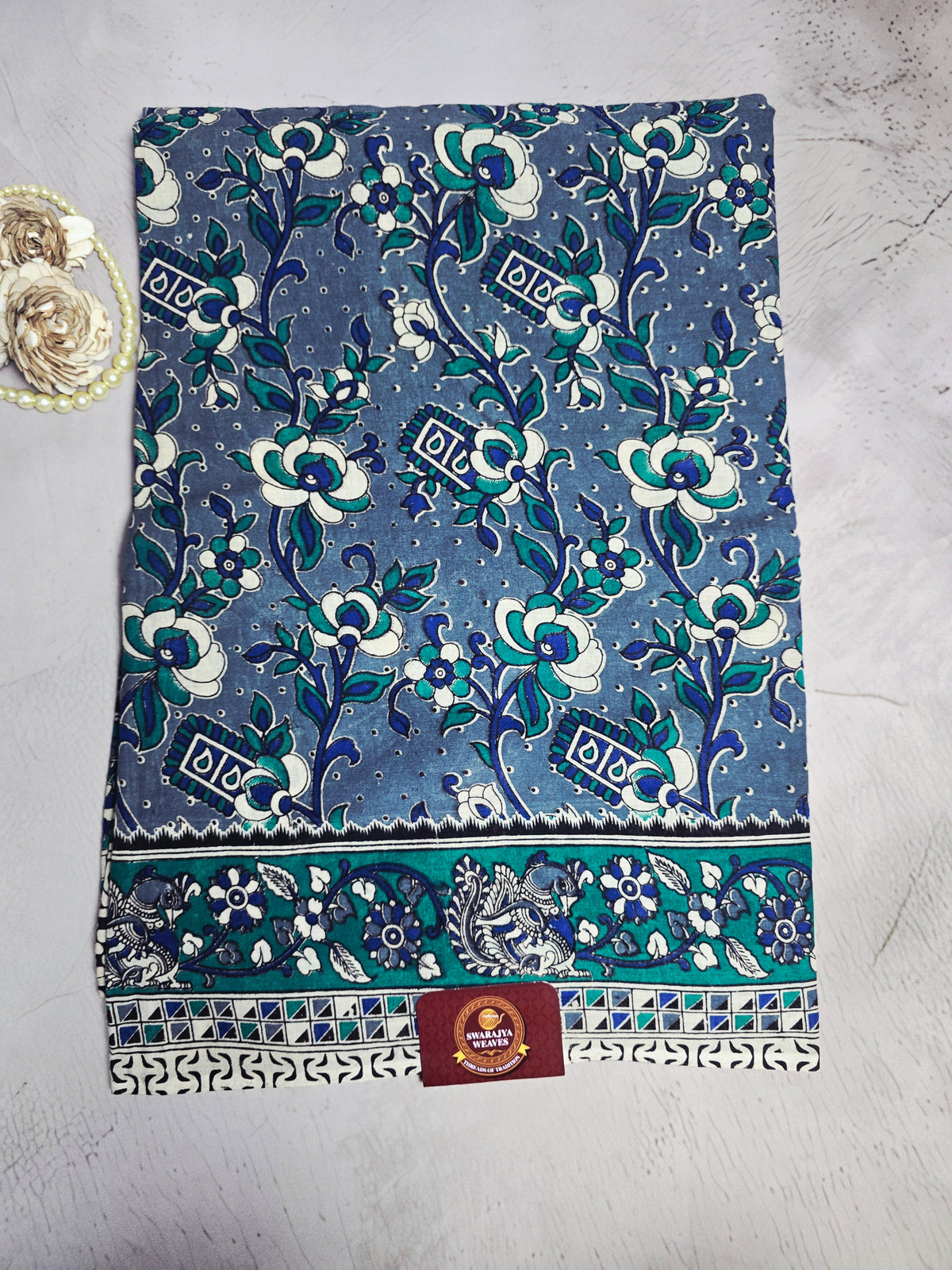 Blue & Teal Floral Kalamkari Cotton Saree