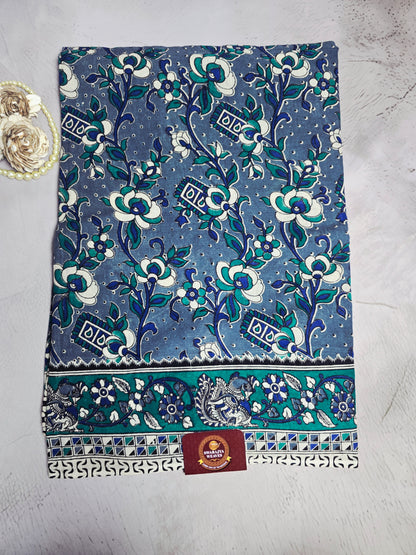 Blue & Teal Floral Kalamkari Cotton Saree