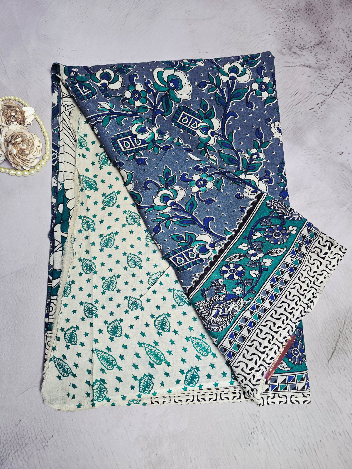 Blue & Teal Floral Kalamkari Cotton Saree