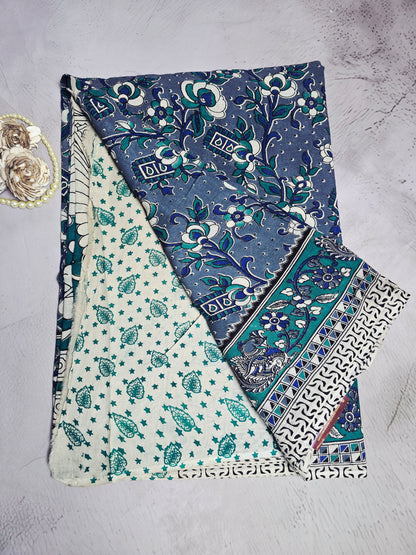 Blue & Teal Floral Kalamkari Cotton Saree