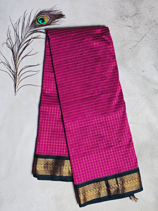 Fuchsia Pink & Black Gold Checks with Zari Woven Border Chettinad Cotton Saree