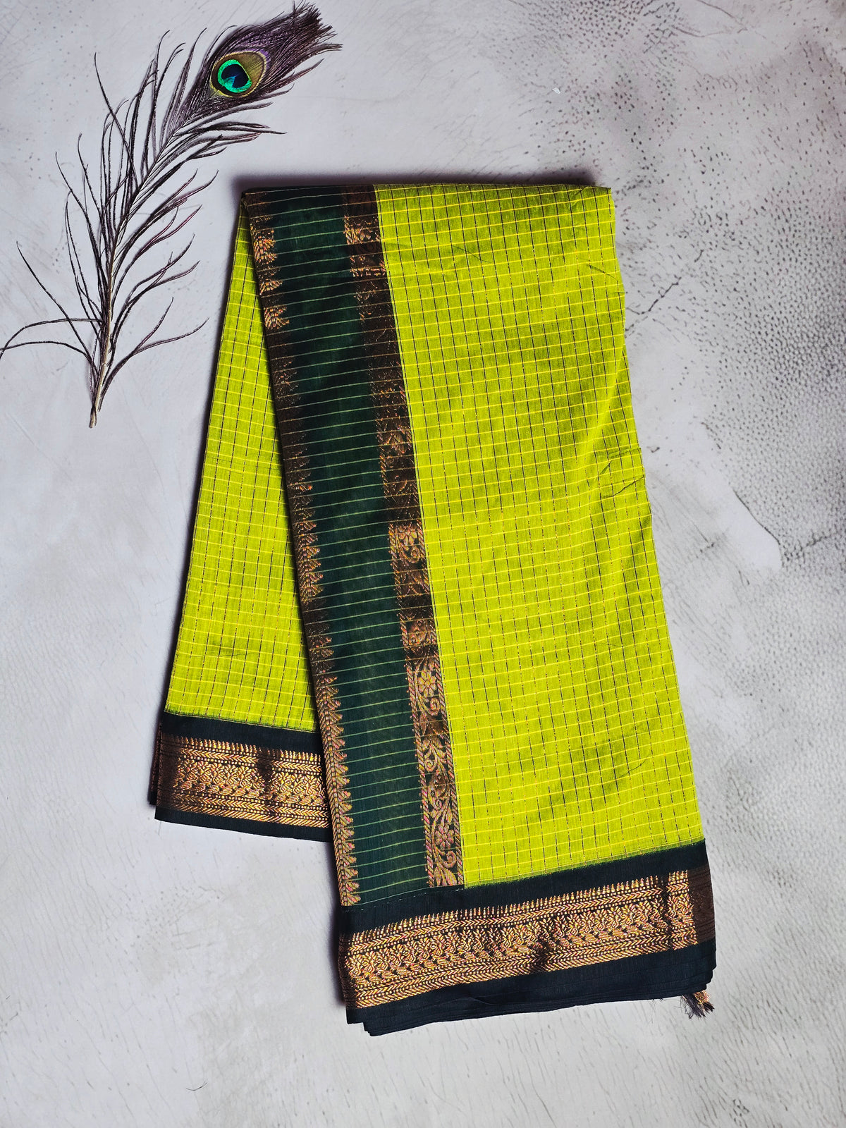 Lime Green & Dark Green Gold Checks with Intricate Zari Border Chettinad Cotton Saree
