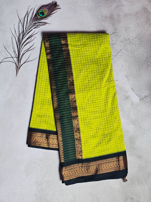 Lime Green & Dark Green Gold Checks with Intricate Zari Border Chettinad Cotton Saree