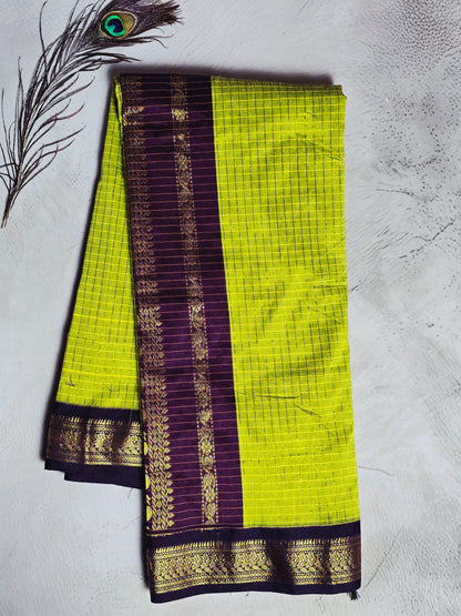 Lime Green & Deep Purple Gold Checks with Intricate Zari Border Chettinad Cotton Saree