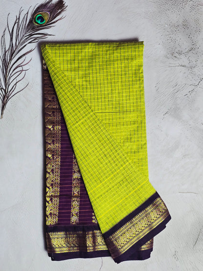 Lime Green & Deep Purple Gold Checks with Intricate Zari Border Chettinad Cotton Saree