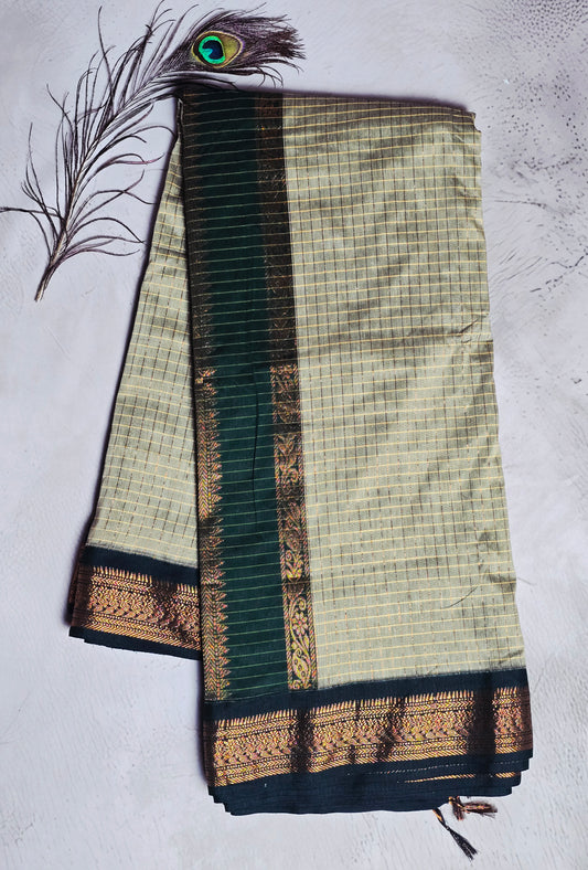 Sage Green & Deep Green Gold Checks with Intricate Zari Border Chettinad Cotton Saree