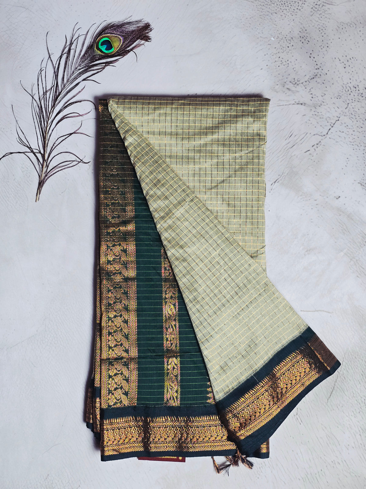 Sage Green & Deep Green Gold Checks with Intricate Zari Border Chettinad Cotton Saree