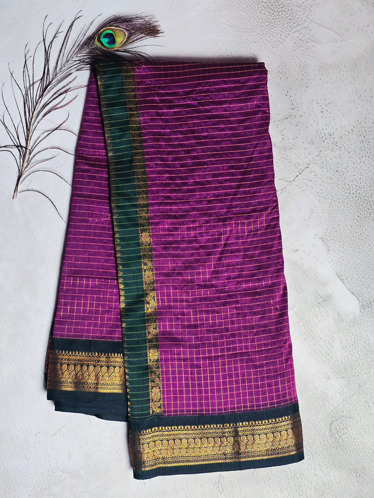 Magenta Purple & Deep Green Gold Checks with Intricate Zari Border Chettinad Cotton Saree
