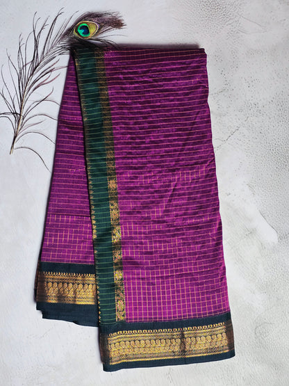Magenta Purple & Deep Green Gold Checks with Intricate Zari Border Chettinad Cotton Saree
