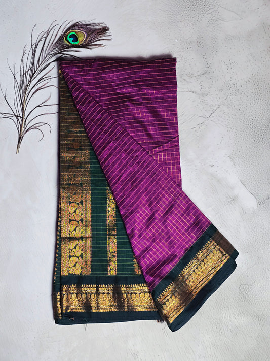 Magenta Purple & Deep Green Gold Checks with Intricate Zari Border Chettinad Cotton Saree