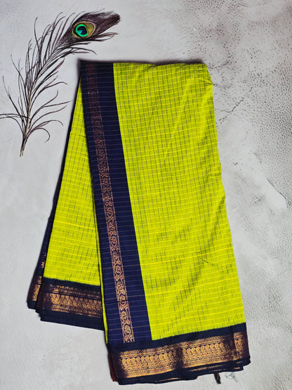 Lime Green & Navy Blue Gold Checks with Intricate Zari Motif Border Chettinad Cotton Saree