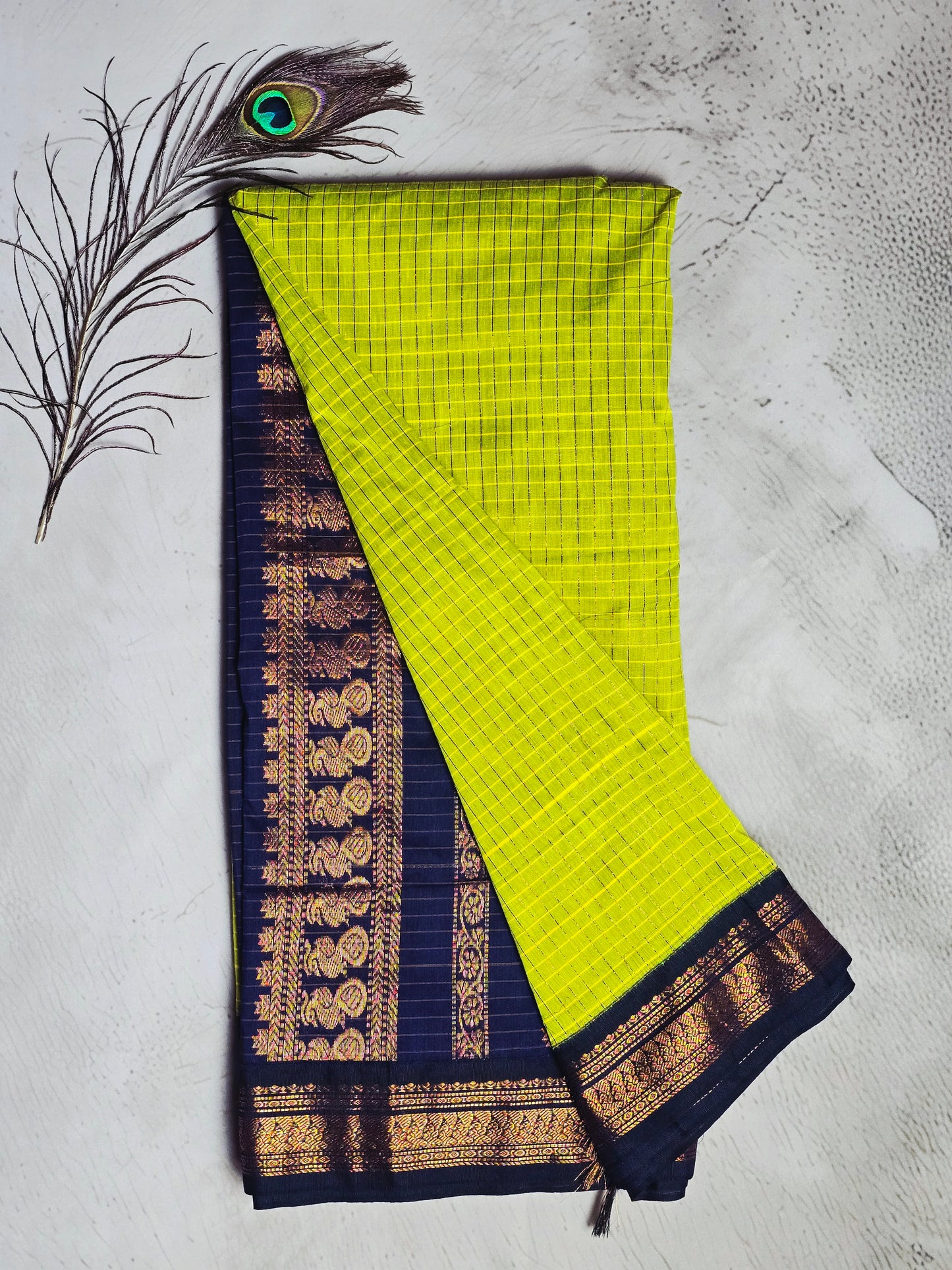 Lime Green & Navy Blue Gold Checks with Intricate Zari Motif Border Chettinad Cotton Saree