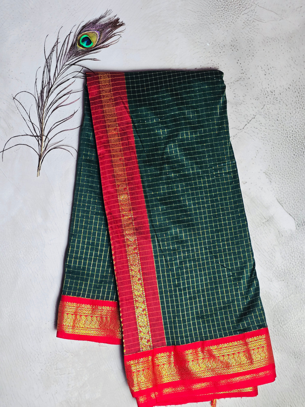 Dark Green & Red Gold Checks with Intricate Paisley Zari Border Chettinad Cotton Saree