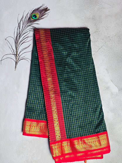 Dark Green & Red Gold Checks with Intricate Paisley Zari Border Chettinad Cotton Saree
