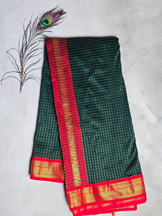 Dark Green & Red Gold Checks with Intricate Paisley Zari Border Chettinad Cotton Saree
