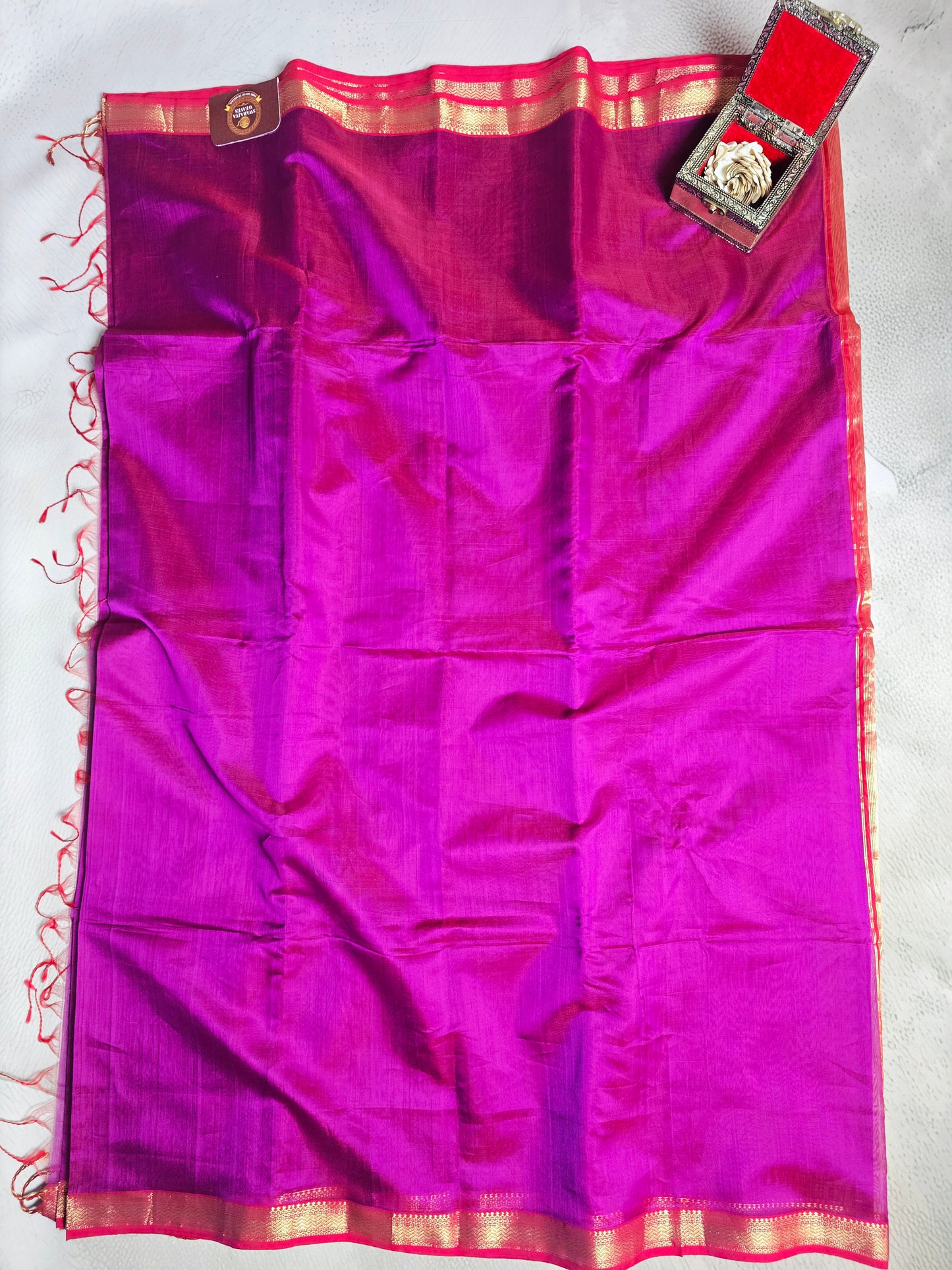 Magenta & Purple Maheshwari Silk Saree with Gold Woven Border