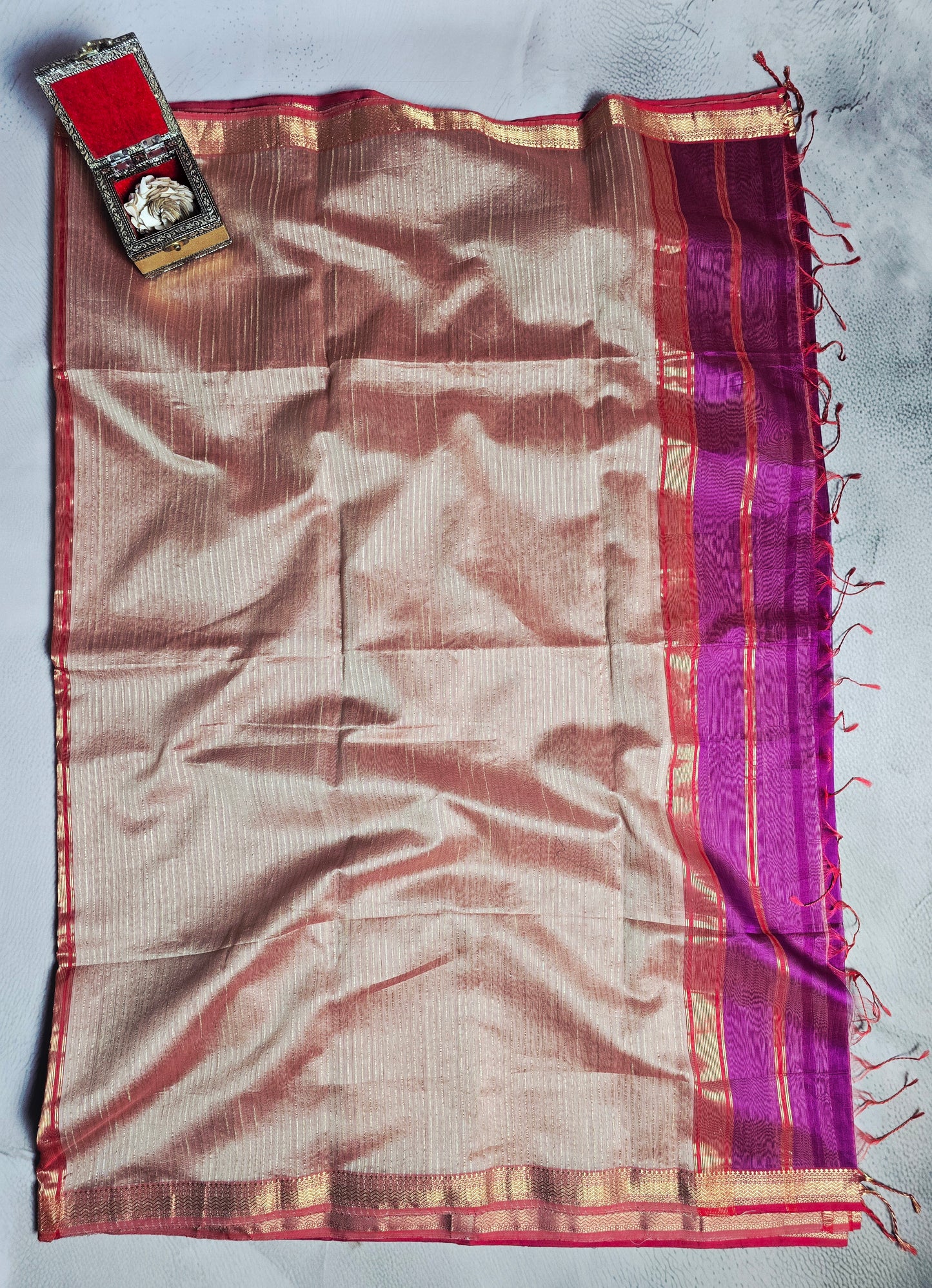 Magenta & Purple Maheshwari Silk Saree with Gold Woven Border