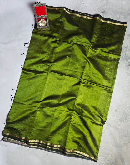 Olive Green & Ivory Maheshwari Silk Saree with Black & Gold Woven Border