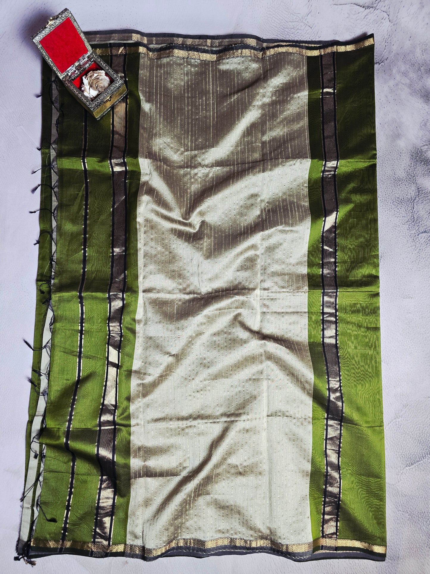 Olive Green & Ivory Maheshwari Silk Saree with Black & Gold Woven Border