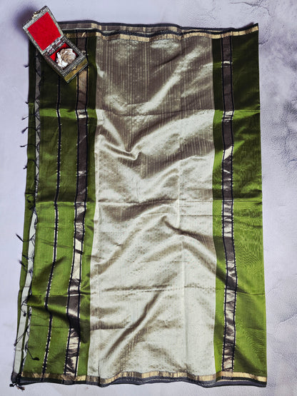 Olive Green & Ivory Maheshwari Silk Saree with Black & Gold Woven Border