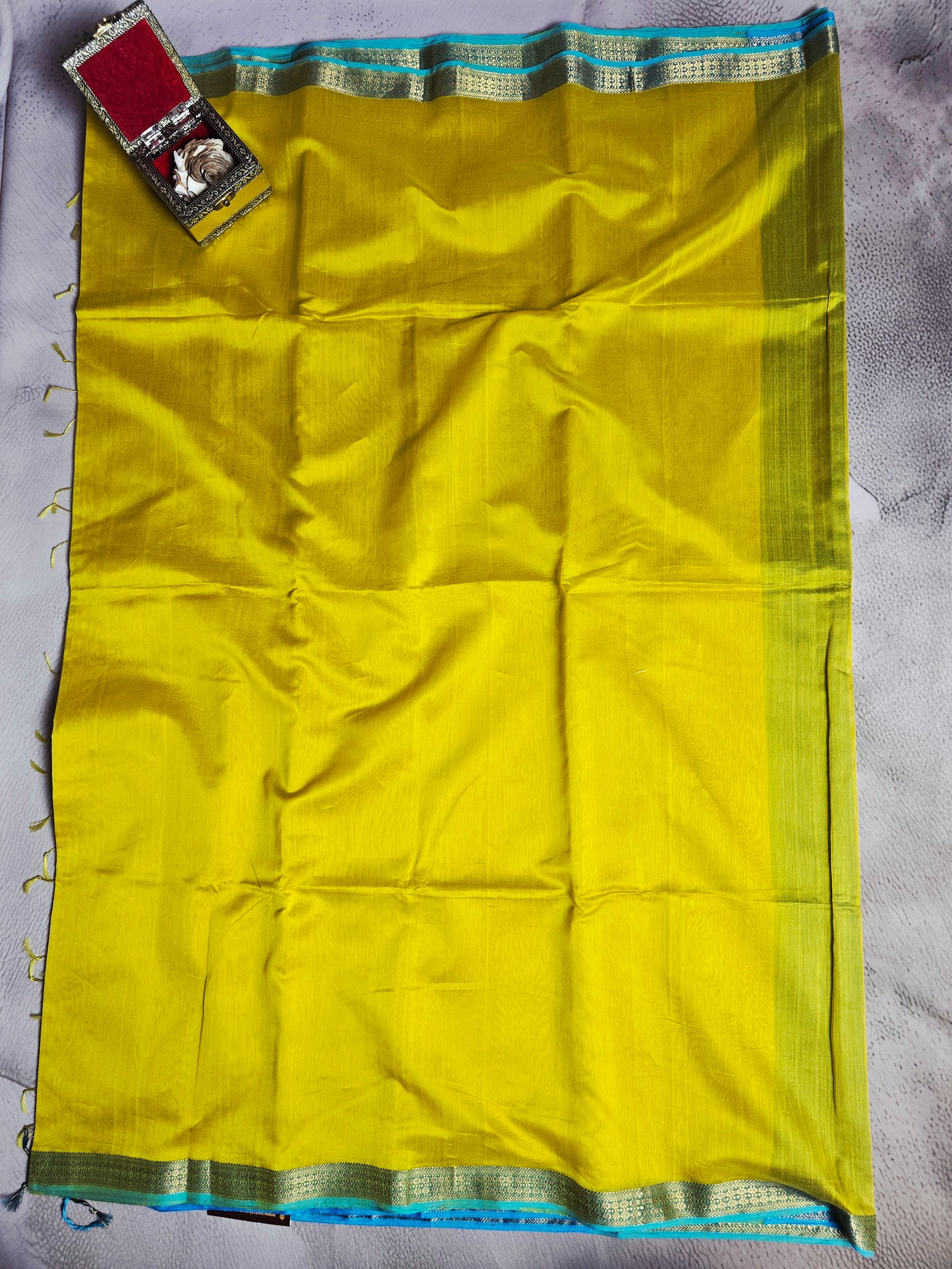 Mustard Yellow & Teal Blue Maheshwari Silk Saree with Gold Woven Border