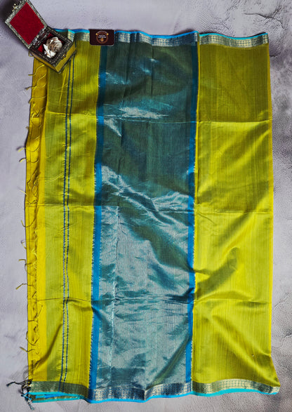 Mustard Yellow & Teal Blue Maheshwari Silk Saree with Gold Woven Border