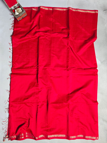 Ruby Red Maheshwari Silk Saree with Antique Gold Zari Pallu