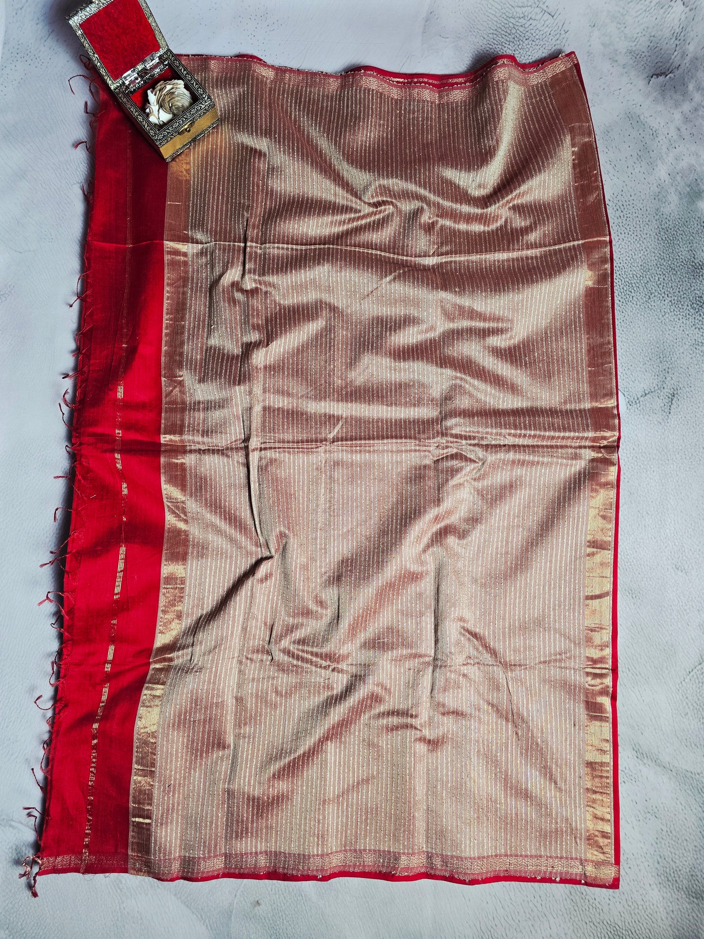 Ruby Red Maheshwari Silk Saree with Antique Gold Zari Pallu