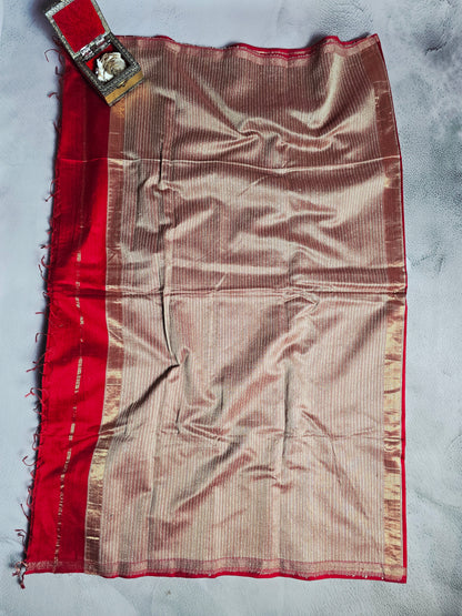 Ruby Red Maheshwari Silk Saree with Antique Gold Zari Pallu