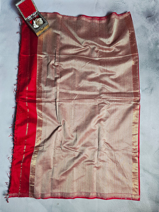 Ruby Red Maheshwari Silk Saree with Antique Gold Zari Pallu