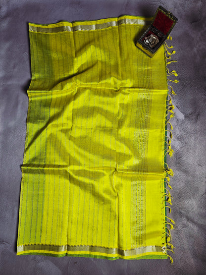 Green & Lime Yellow Mangalagiri Handloom Saree with Zari Border