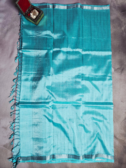 Grey Pink & Turquoise Mangalagiri Handloom Plain Saree with Woven Border