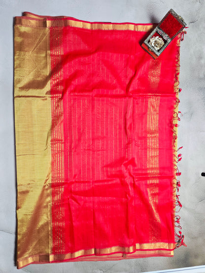 Red & Antique Gold Mangalagiri Handloom Plain Saree with Rich Gold Pallu