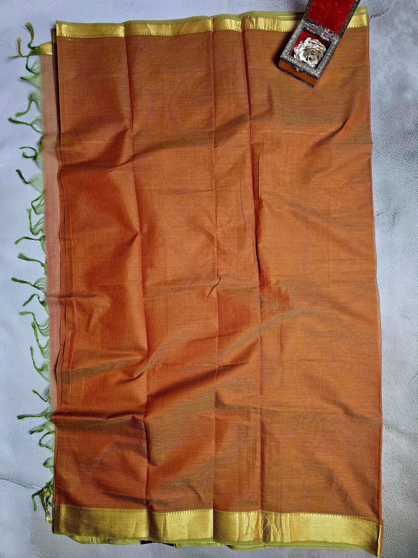 Rust Orange & Gold Mangalagiri Handloom Plain Saree with Green Tassels
