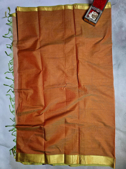 Rust Orange & Gold Mangalagiri Handloom Plain Saree with Green Tassels