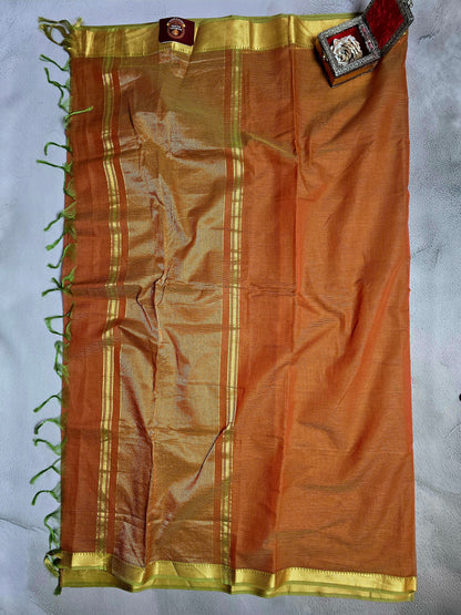Rust Orange & Gold Mangalagiri Handloom Plain Saree with Green Tassels