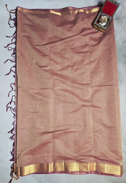 Dusty Rose & Gold Mangalagiri Handloom Plain Saree with Woven Pallu