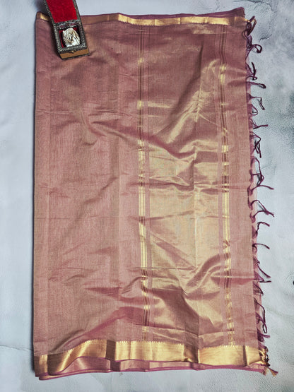 Dusty Rose & Gold Mangalagiri Handloom Plain Saree with Woven Pallu