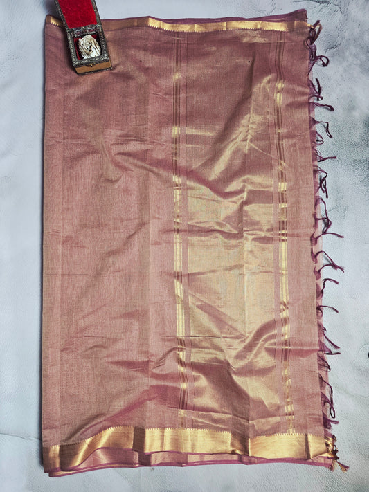 Dusty Rose & Gold Mangalagiri Handloom Plain Saree with Woven Pallu