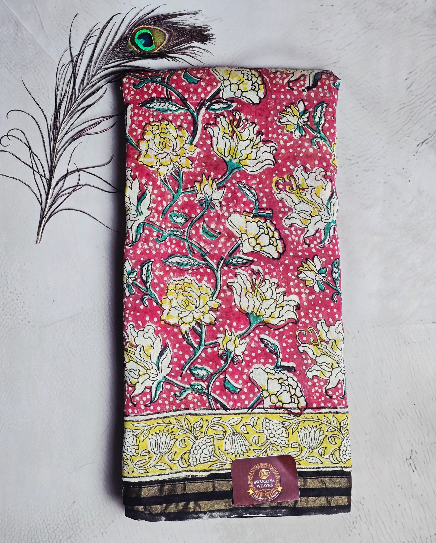 Rose Pink & Indigo Chanderi Silk Ajrakh Handblock Saree with Floral Motifs & Zari Border