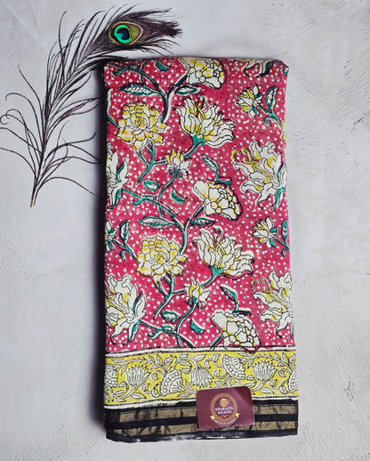 Rose Pink & Indigo Chanderi Silk Ajrakh Handblock Saree with Floral Motifs & Zari Border
