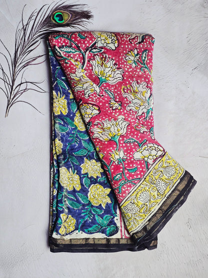 Rose Pink & Indigo Chanderi Silk Ajrakh Handblock Saree with Floral Motifs & Zari Border