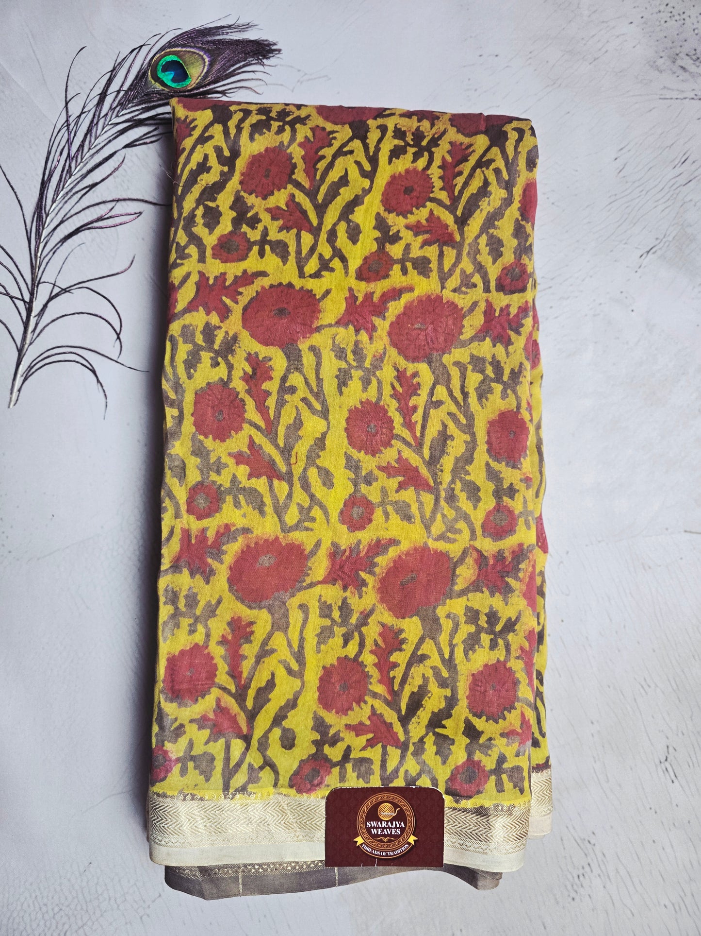 Mustard Yellow & Maroon Maheshwari Silk Saree with Floral Handblock Print & Zari Border