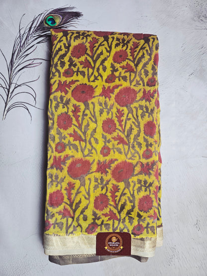 Mustard Yellow & Maroon Maheshwari Silk Saree with Floral Handblock Print & Zari Border