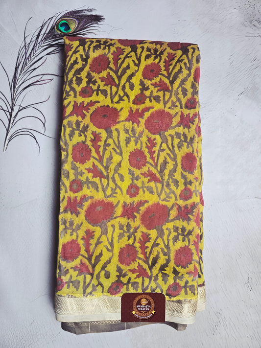 Mustard Yellow & Maroon Maheshwari Silk Saree with Floral Handblock Print & Zari Border