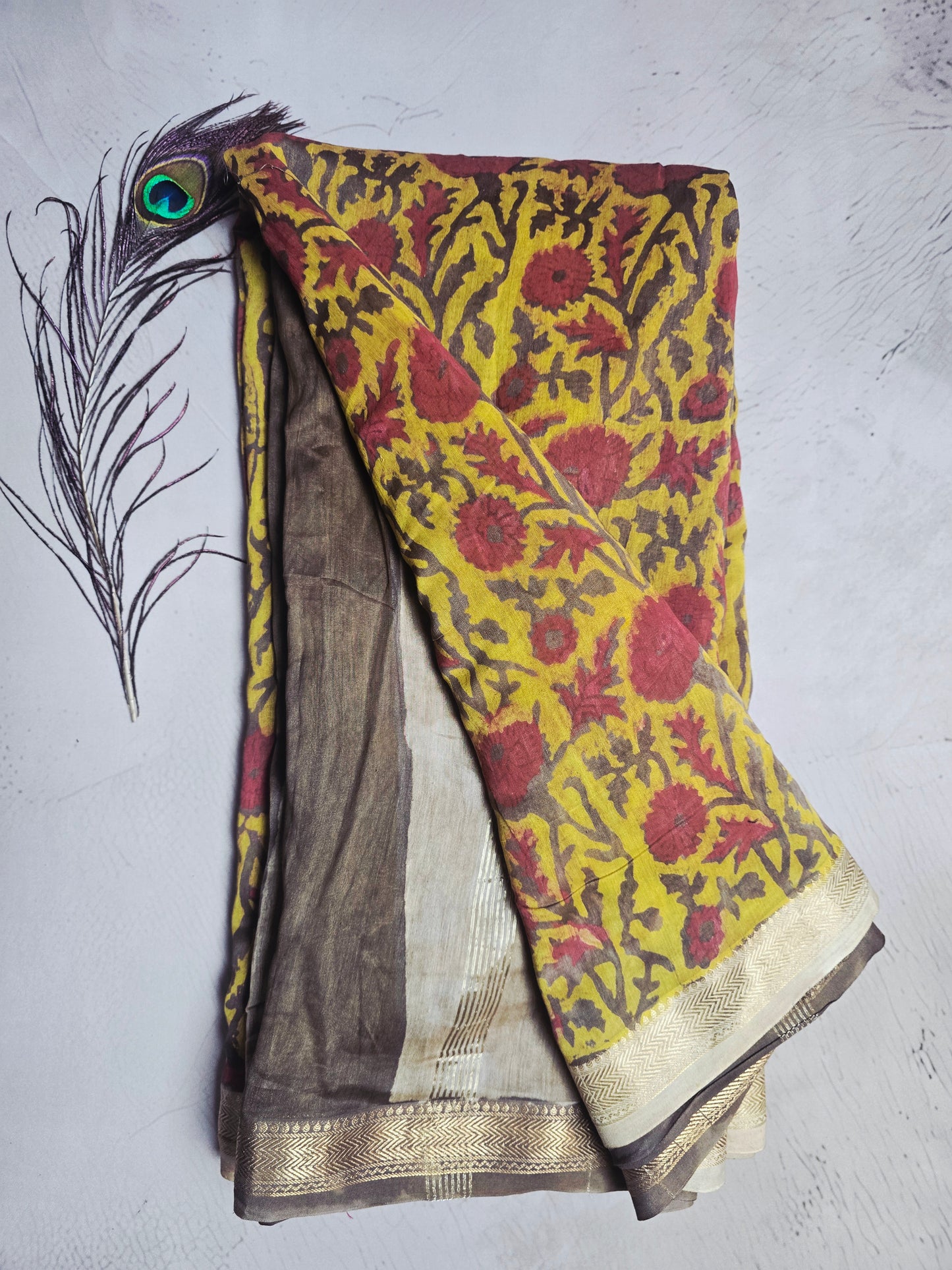 Mustard Yellow & Maroon Maheshwari Silk Saree with Floral Handblock Print & Zari Border