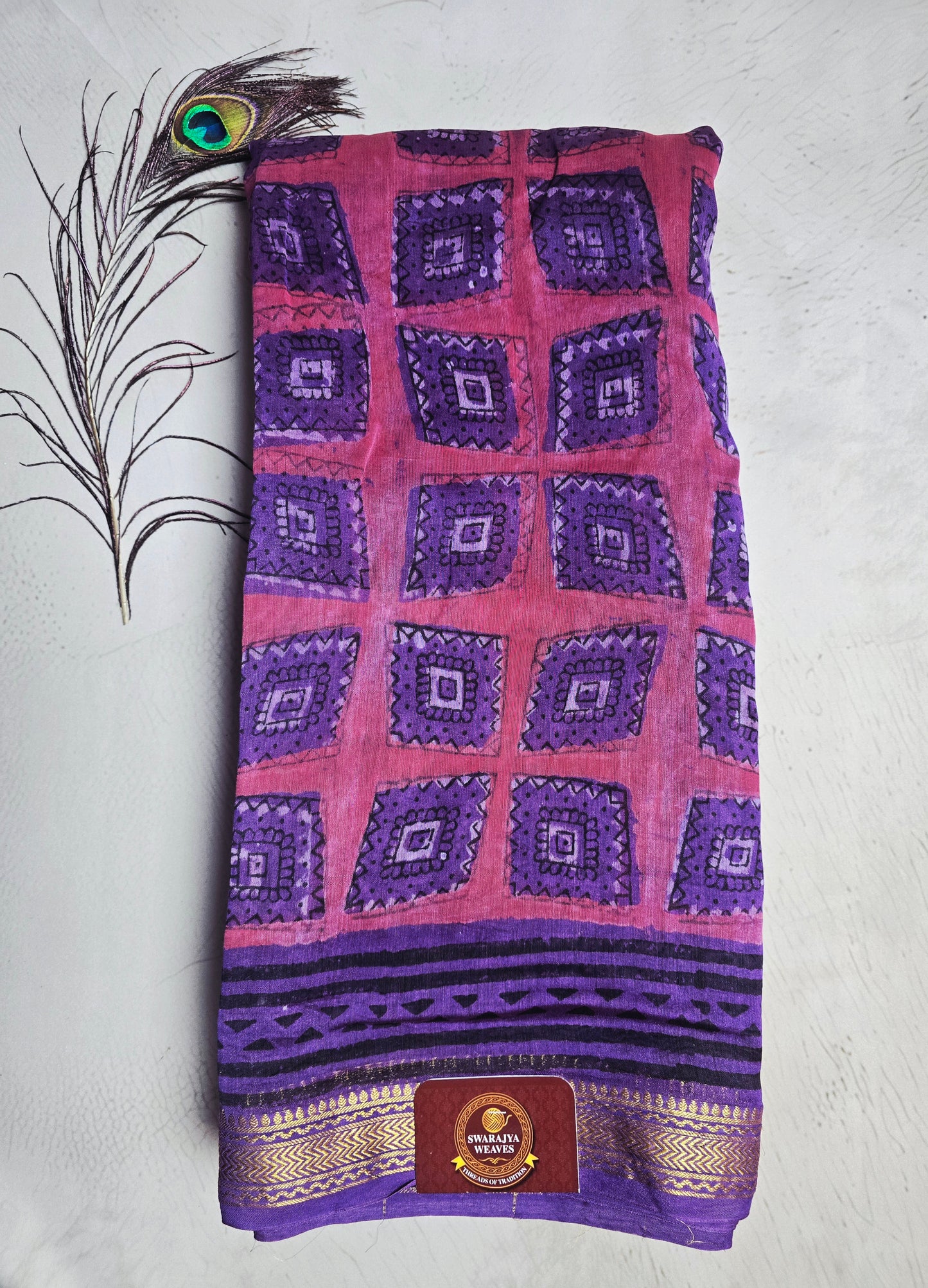 Pink & Purple Maheshwari Silk Saree with Geometric Square Motifs and Zari Border